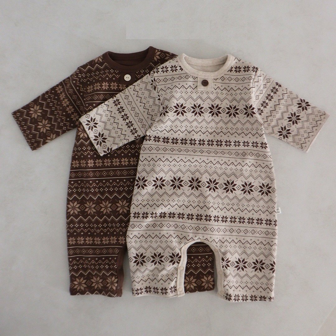 韩国大地色系厚棉雪花图案连身衣 •Snowflake Bodysuit• - 包屁衣/连体衣 - 棉 