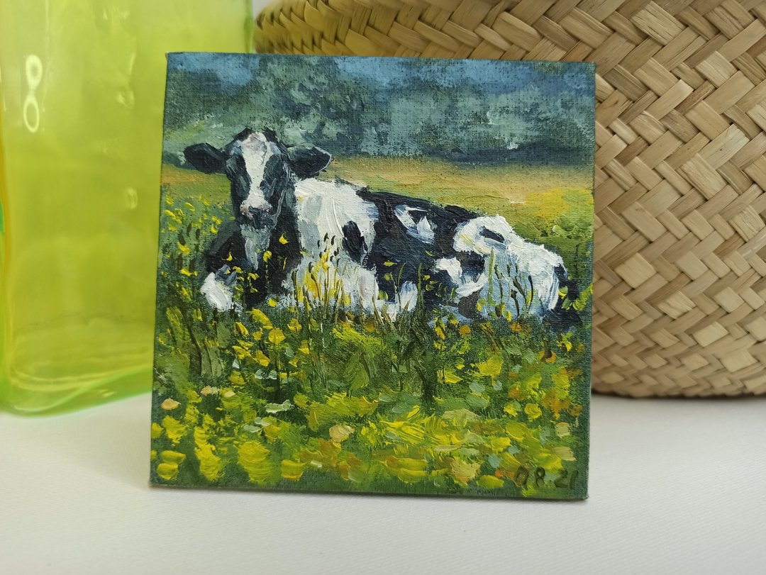 Cow oil painting  Animal painting original Tiny artwork Small painting - 墙贴/壁贴 - 其他材质 绿色