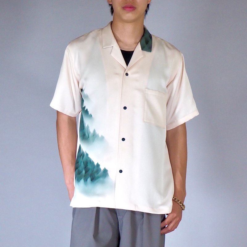 【日本制造】复古丝绸和服翻版、男士衬衫 M、半袖、按扣 - 男装衬衫 - 丝．绢 白色