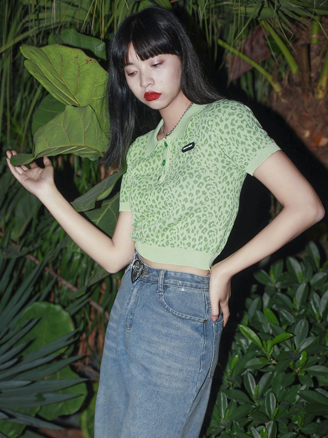 ziziFei牛油果绿色豹纹针织短袖T恤女短款上衣夏季2021新款辣妹风 - 女装 T 恤 - 其他材质 绿色