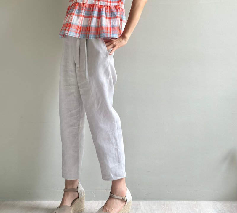 轻快早晨/浅灰色亚麻法式优雅折子7分裤100%亚麻 - 女装长裤 - 棉．麻 灰色