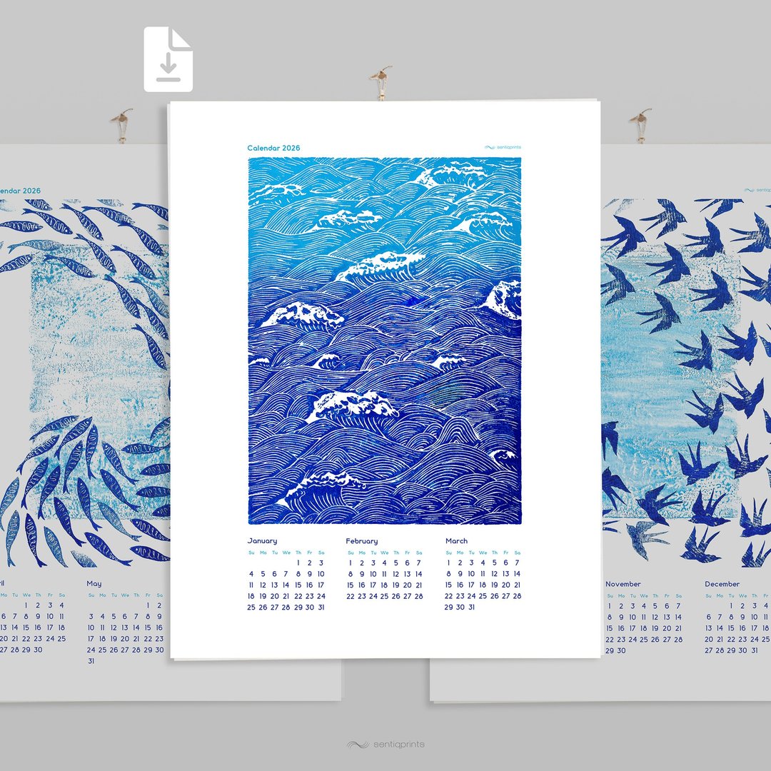 可打印插画月历 2026 蓝色海浪 鱼 天空 云朵 蓝色飞鸟 - 其他数码设计 - 其他材质 
