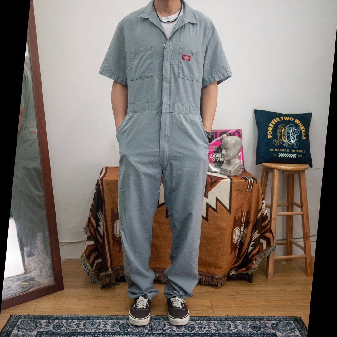 DICKIES 灰色 后领签名 短袖 连身工作服 COVERALLS 古着 二手 - 男士长裤 - 棉 灰色