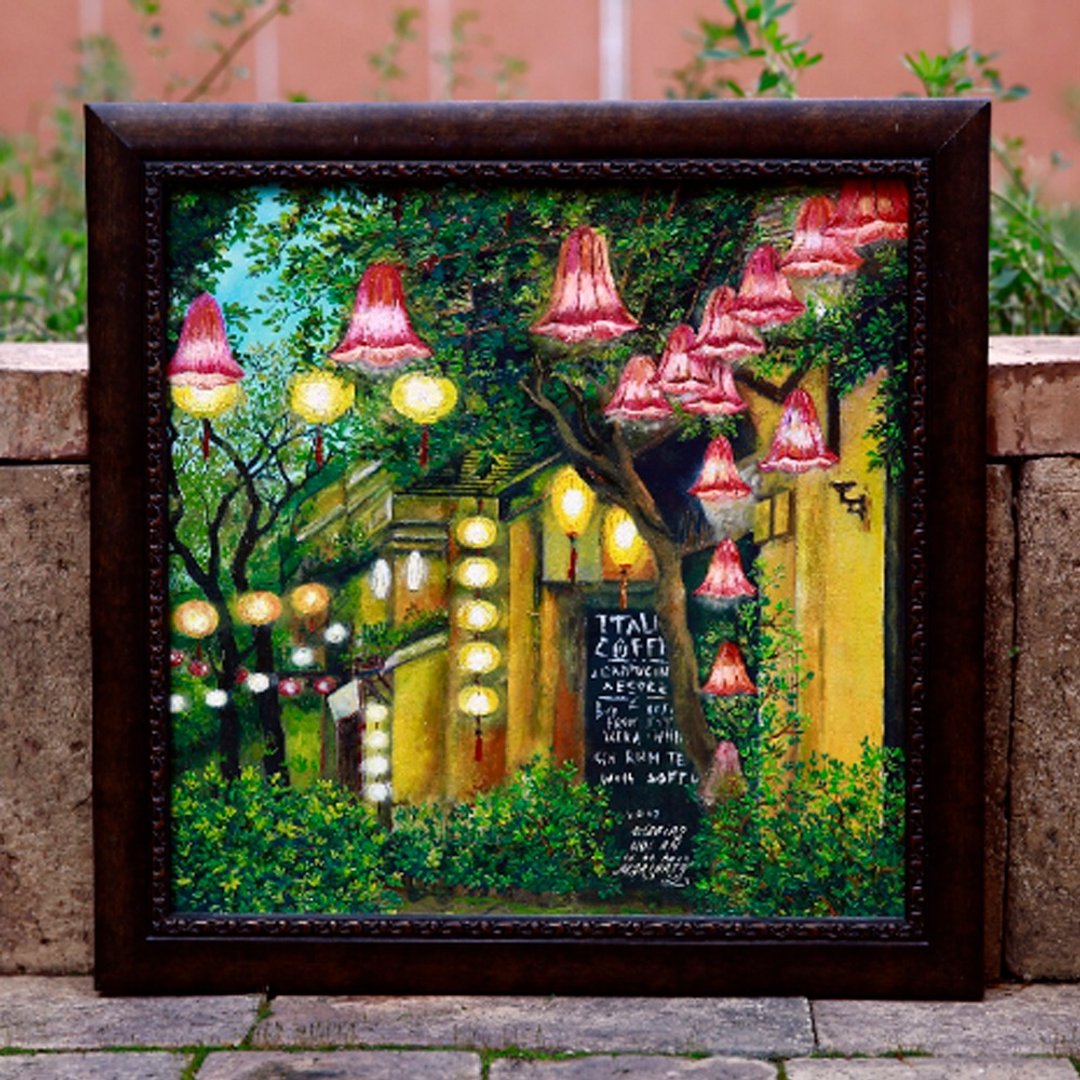 Chinoiserie chinese silk lantern original oil painting, buddist light, Japanese - 插画/绘画/写字 - 环保材料 多色