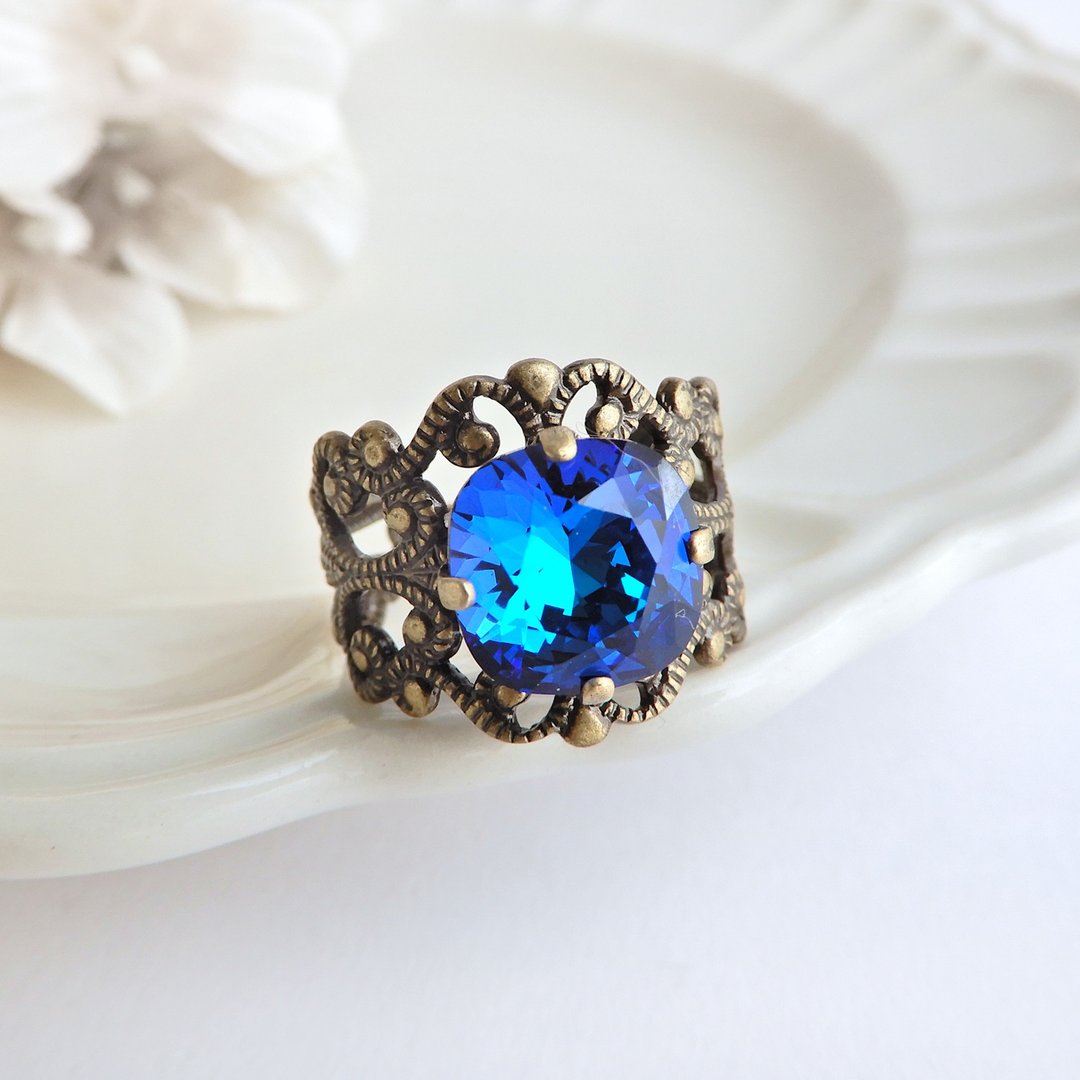 Bermuda Blue large square crystal antique style ring, free size, with Swarovski - 戒指 - 玻璃 蓝色