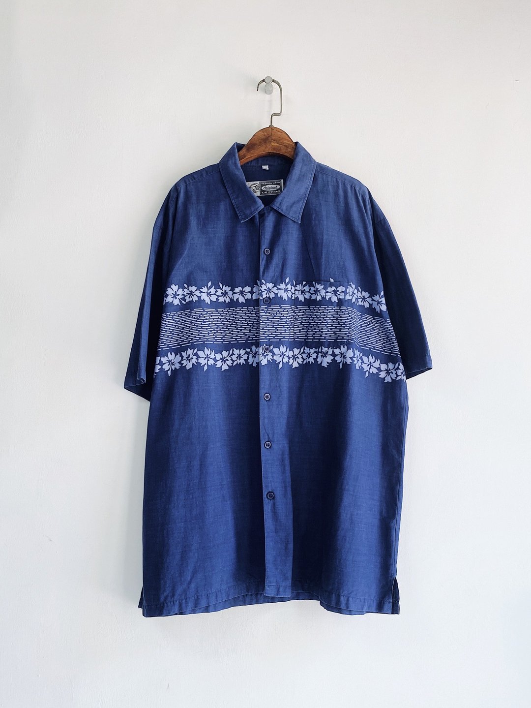 浅水灰蓝图腾花卉 古着棉质夏威夷衬衫上衣vintage Aloha Shirt - 女装衬衫 - 棉 蓝色