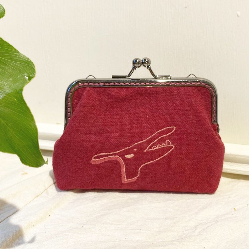 2020限定款 - 简约小恐龙插画手工立体刺绣口金包 - 化妆包/杂物包 - 棉．麻 红色