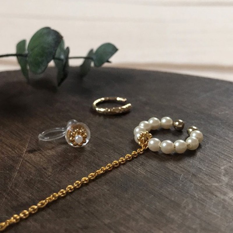 \ Advantageous / Ear Cuff 3set | Pearl Long Chain / Swarovski / Hammer Gold-Set-EC-Set1 - 耳环/耳夹 - 宝石 金色