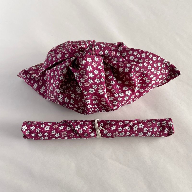 [独一无二] 午餐包套装、Azuma 包和筷子包、羊毛和服布料、红紫色花痴图案 - 便当盒/饭盒 - 羊毛 红色