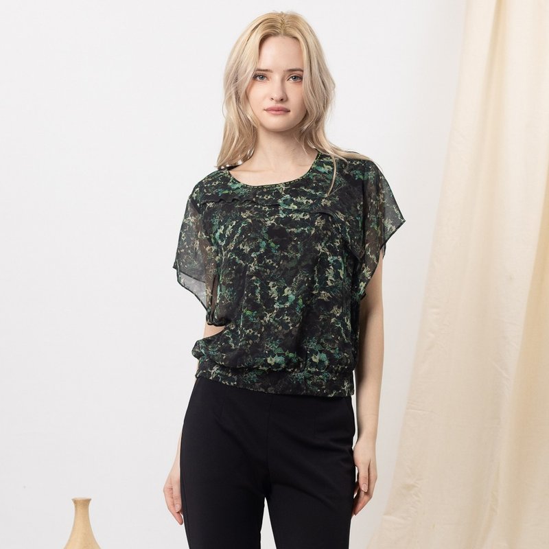 【MEDUSA】森林绿斜盖荷叶雪纺上衣(M-2L) | 女短袖上衣 雪纺上衣 - 女装上衣 - 聚酯纤维 绿色