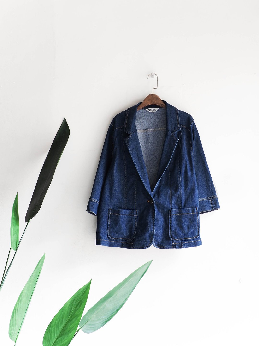 河水山 - 神奈川西装式俐落恋爱少女 古董棉质丹宁衬衫上衣外套 shirt oversize vintage - 女装休闲/机能外套 - 棉 蓝色