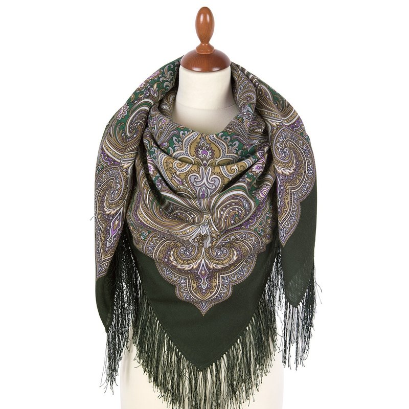 Pavlovo Posad 俄罗斯披肩 100% 羊毛围巾 125x125 厘米 丝绸流苏 款式 715-9 - 丝巾 - 羊毛 绿色