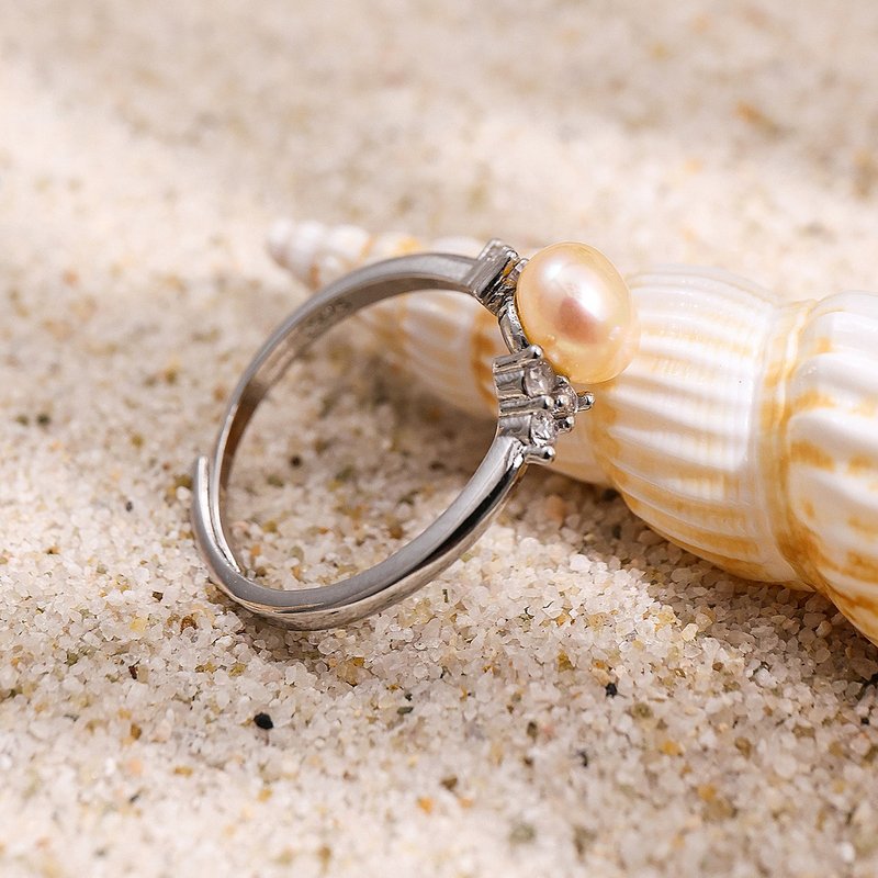 5-6mm 粉色淡水珍珠开口戒指 CZ银色戒指 S362 - 戒指 - 珍珠 粉红色