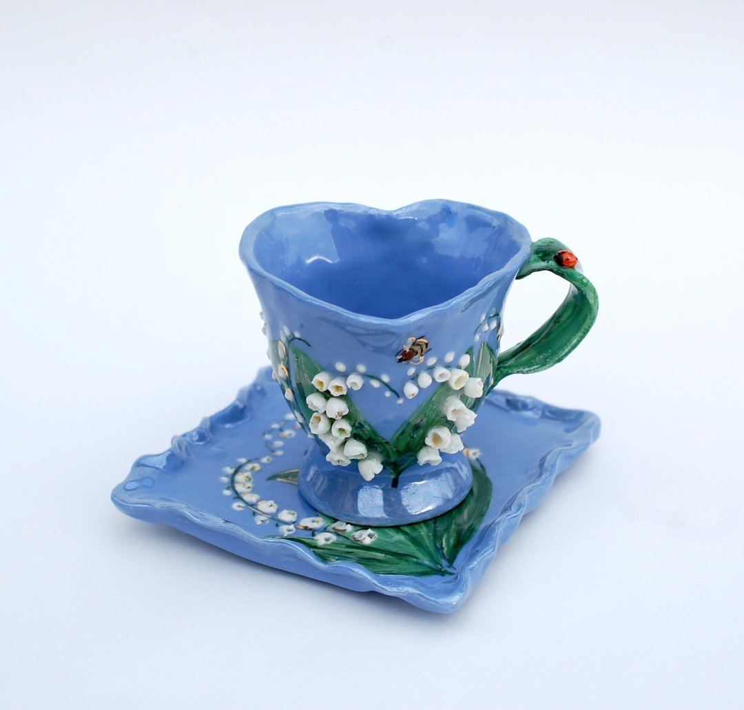 Blue porcelain Cup Saucer Set Lily of valley flowers ladybug bee Botanical art - 其他杯子 - 瓷 多色