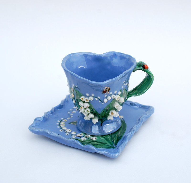 Blue porcelain Cup Saucer Set Lily of valley flowers ladybug bee Botanical art - 其他杯子 - 瓷 多色