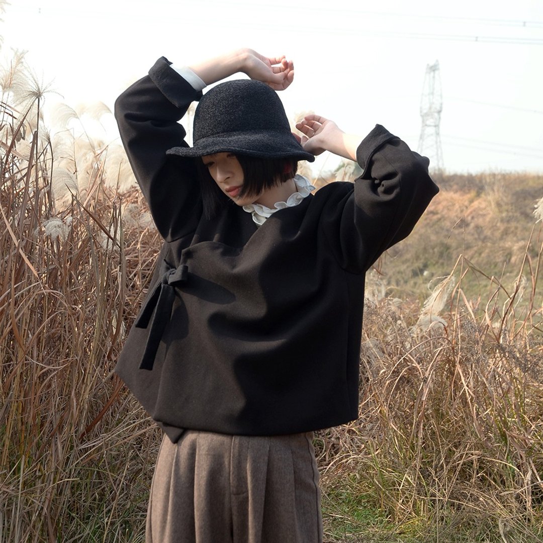 日系针织毛呢加厚短外套|外套|秋冬款|针织毛呢|Sora-222 - 女装休闲/机能外套 - 棉 黑色