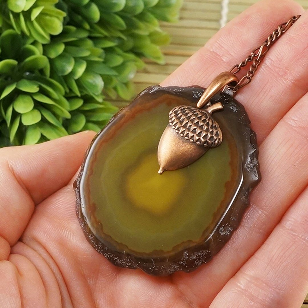 Olive Green Mustard Agate Slice Slab Copper Acorn Pendant Necklace Jewelry Gift - 项链 - 半宝石 绿色