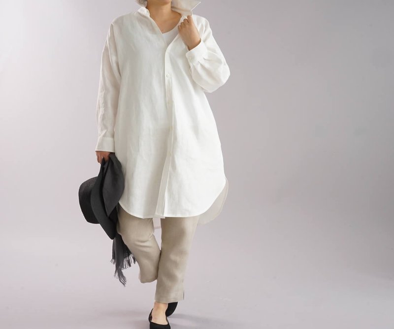 wafu   linen big shirts / loose fitting / oversize / long sleeve / white /b32-24 - 女装衬衫 - 棉．麻 白色