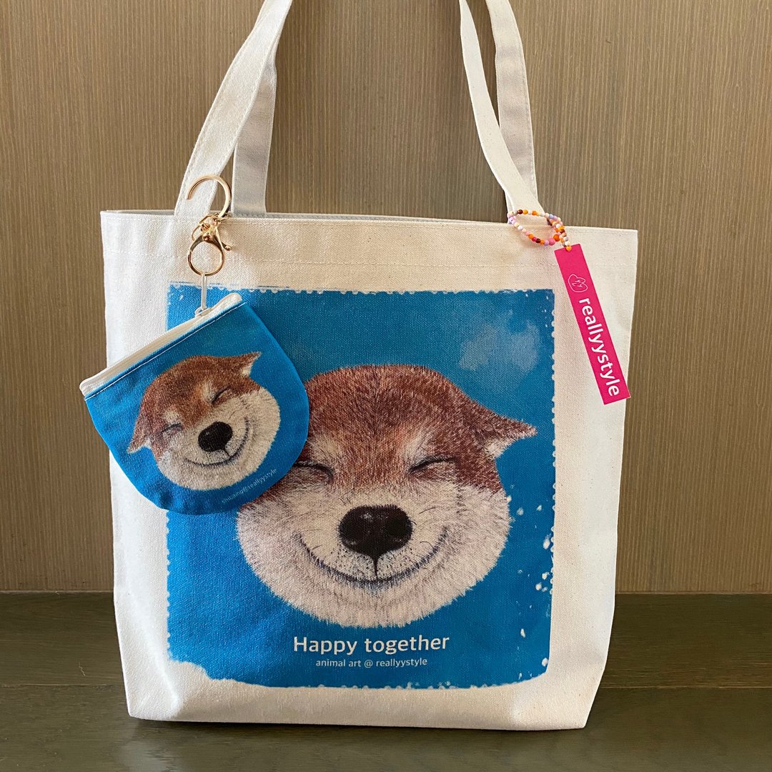 【绝版出清】柴犬画作手工订制包 I 加大版帆布包+零钱包 - 侧背包/斜挎包 - 棉 白色