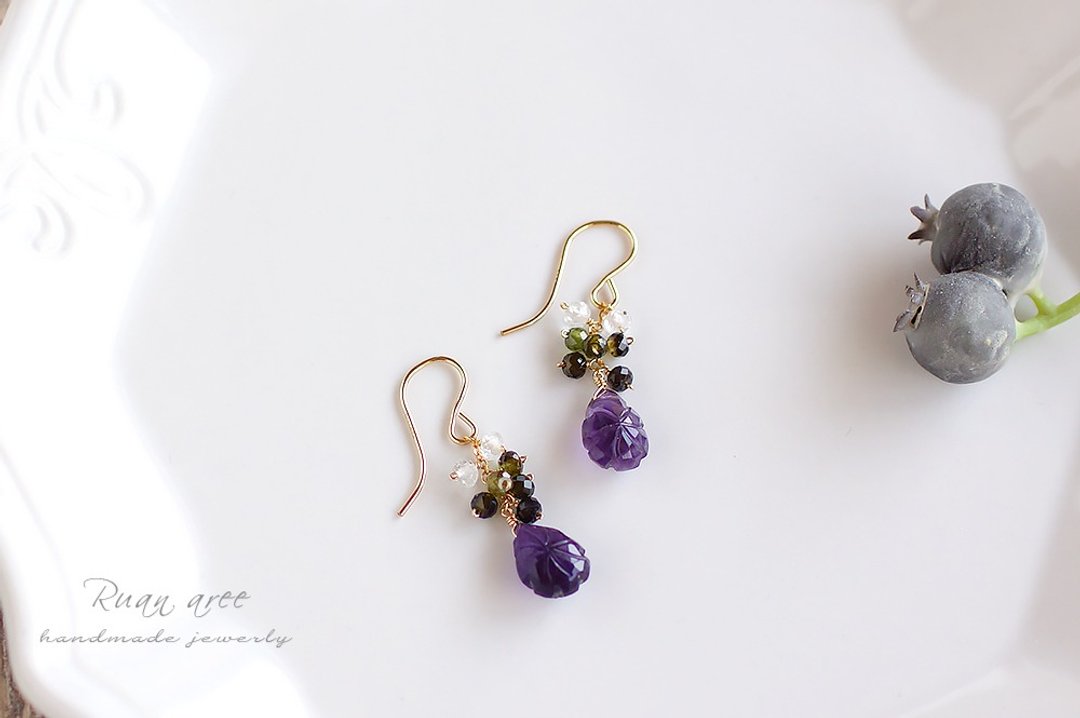 14kgf-carving amethyst earrings - 耳环/耳夹 - 半宝石 紫色