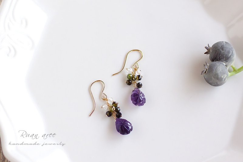 14kgf-carving amethyst earrings - 耳环/耳夹 - 半宝石 紫色