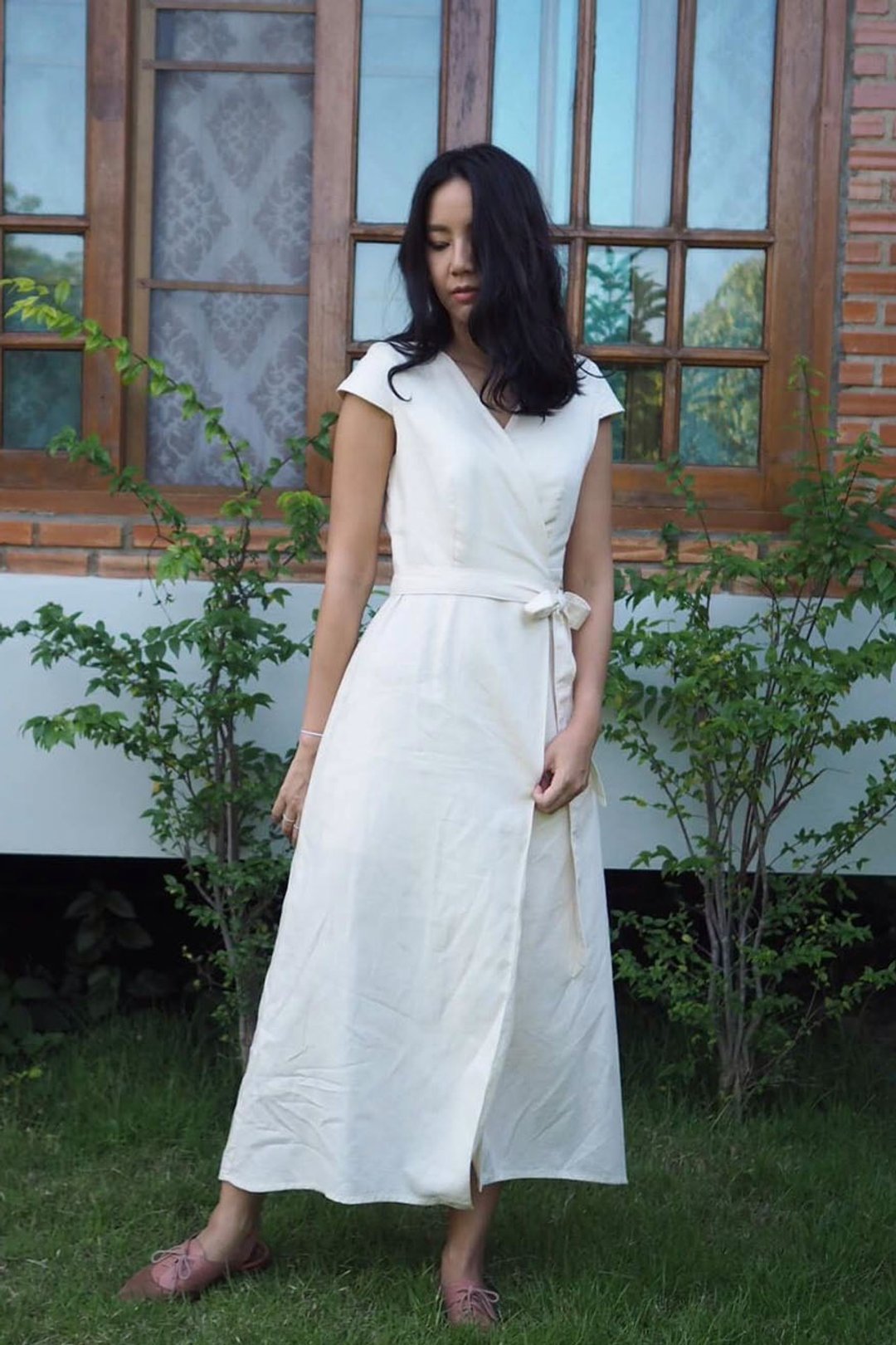 Isabella 亚麻洋装 | 裹身洋装 | 夏日洋装 | 长版洋装 - 洋装/连衣裙 - 亚麻 白色