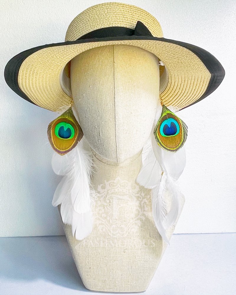 白色羽毛耳环，孔雀羽毛天然羽毛耳环，吉普赛耳环 - 耳环/耳夹 - 其他材质 白色