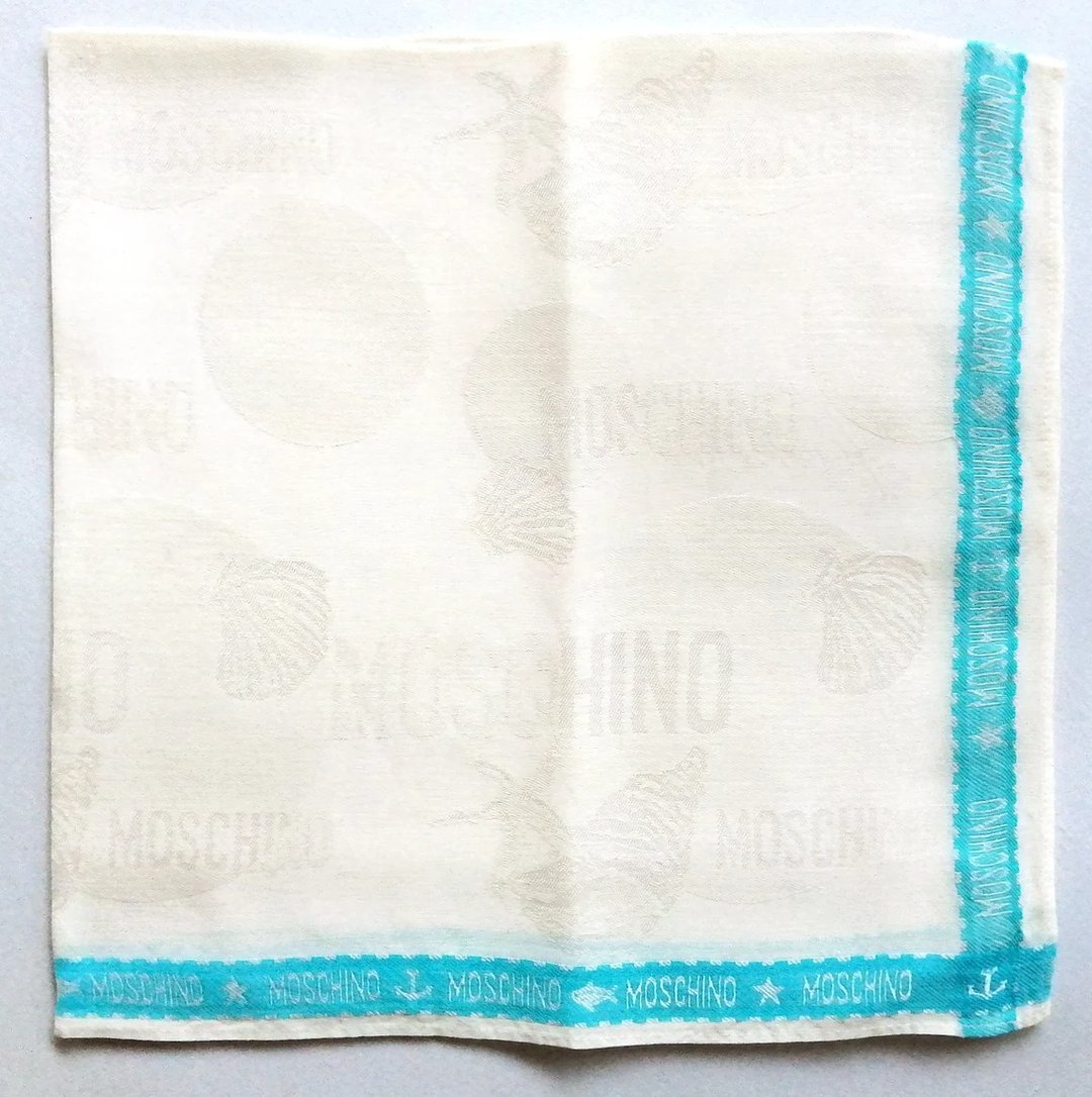 Moschino Vintage Handkerchief Scallops Sea Conch 19 x 18.5 inches - 丝巾 - 棉 蓝色