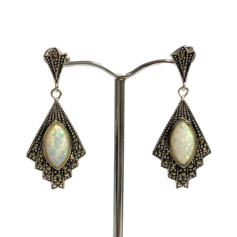 Beautiful Art Deco Style Gilson Opal with Marcasite Earrings 925 Sterling Silver - 耳环/耳夹 - 纯银 银色