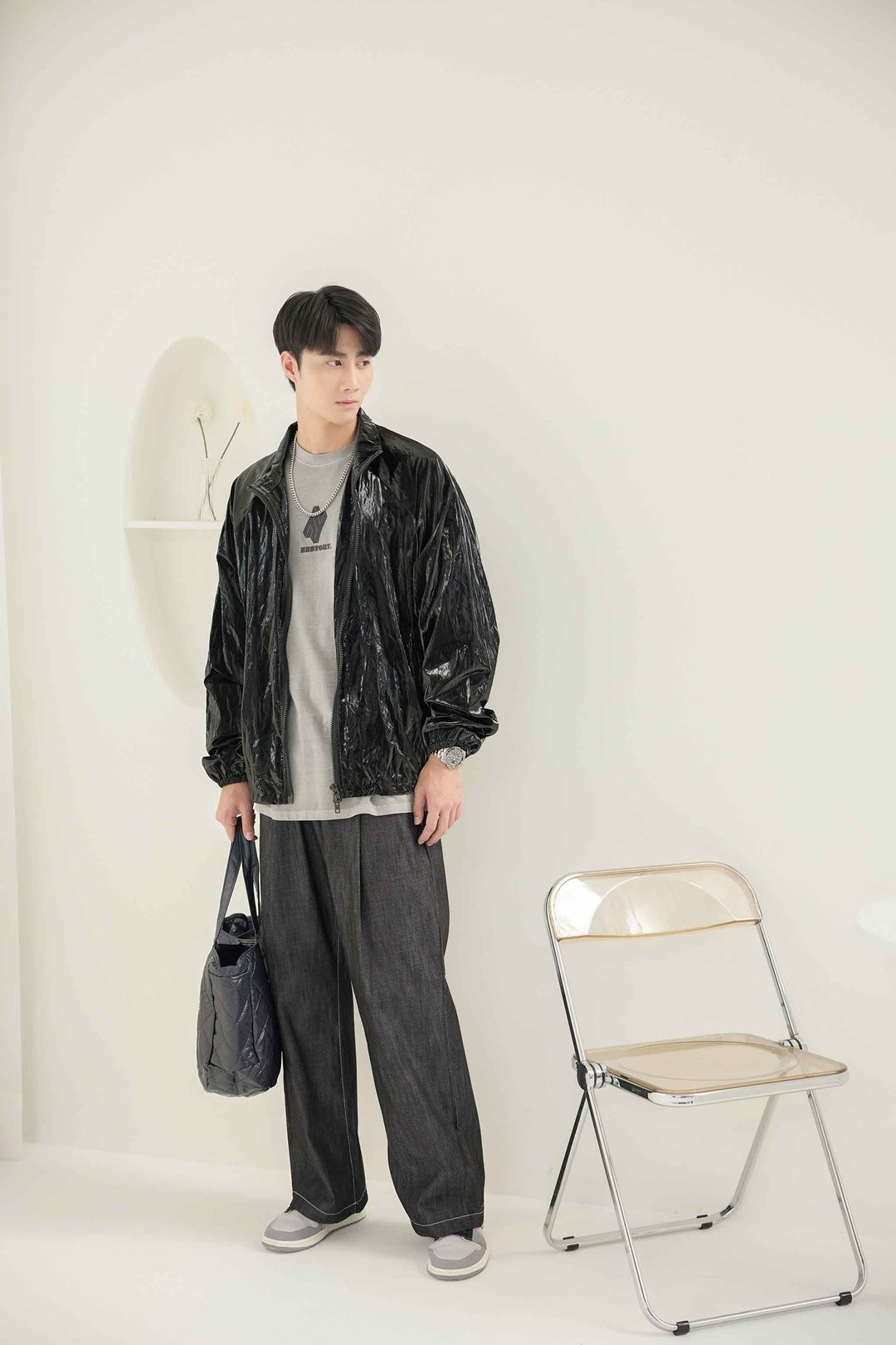 亮面长袖外套 黑色 - 男装外套 - 其他材质 黑色