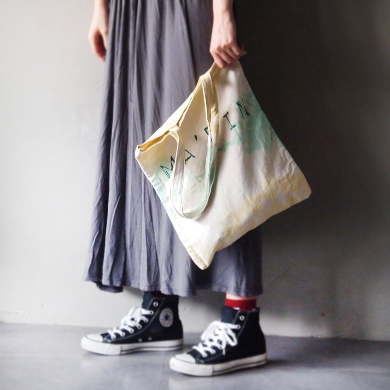 柠檬黄 湖水绿 绑染－帆布手染手印托特包 短背带 - 侧背包/斜挎包 - 棉．麻 黄色