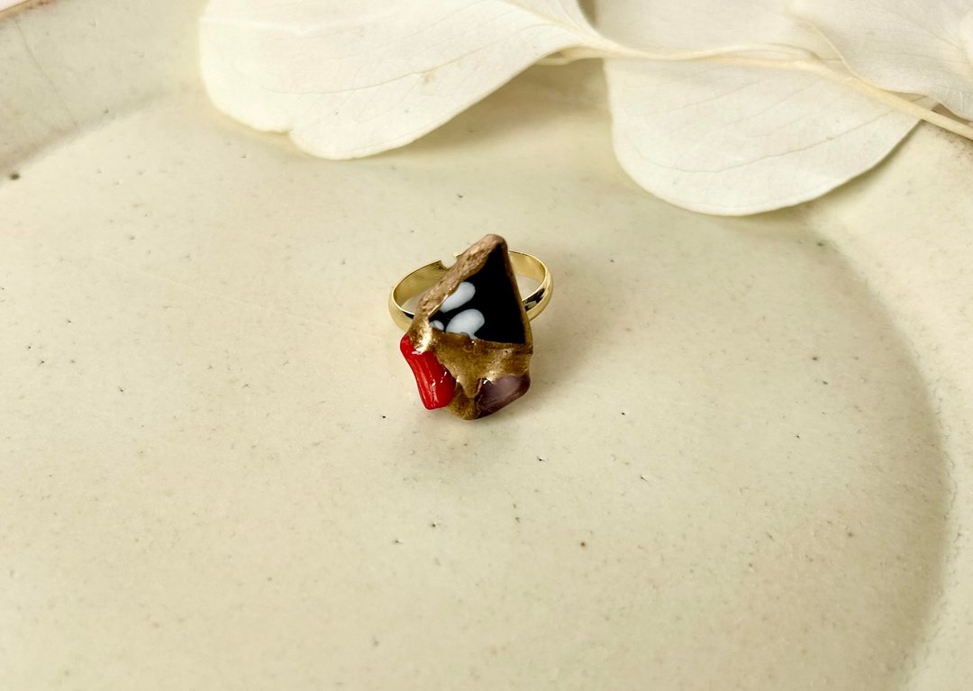 京烧 金继 戒指 14K 镀金 自由尺寸 手绘 赤珊瑚 绿帘石 天然石 传统工艺 No.68 - 戒指 - 陶 黑色