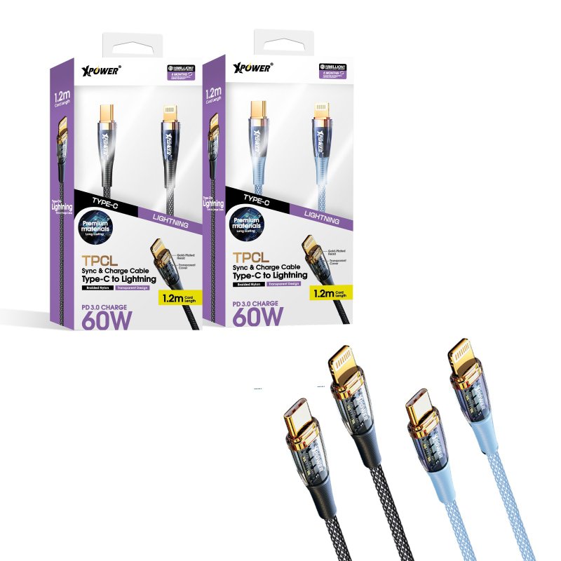 (蓝色) TPCL 1.2M 60W 透明壳高速传输充电 Type-C TO Lightning - 手机配件 - 铝合金 蓝色