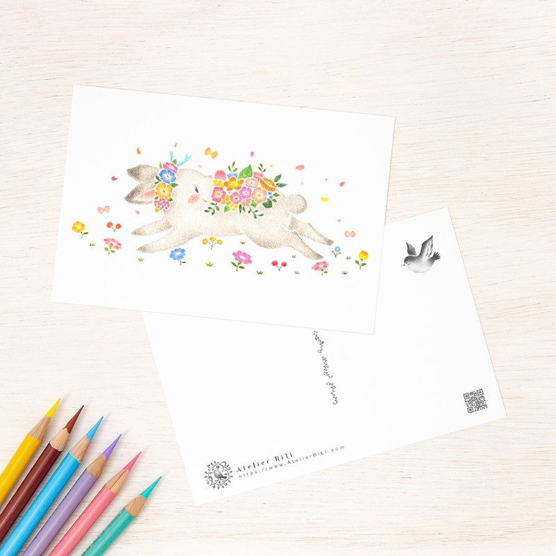 5 piece set. like a picture book. White rabbit decorated with postcard flowers PC-1220 - 卡片/明信片 - 纸 多色