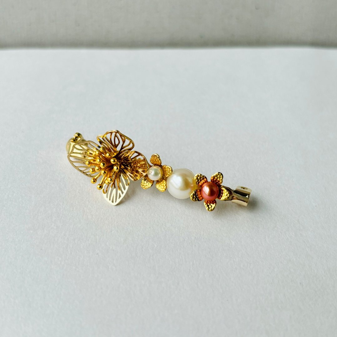 花蕊 淡水珍珠 黄铜胸针 35mm 珍珠 - 胸针 - 珍珠 白色