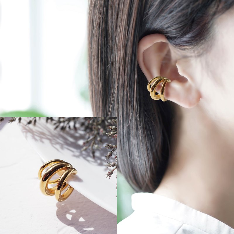 三层设计 医疗级不锈钢耳骨夹 单边 岸边的涟漪 - 耳环/耳夹 - 宝石 金色