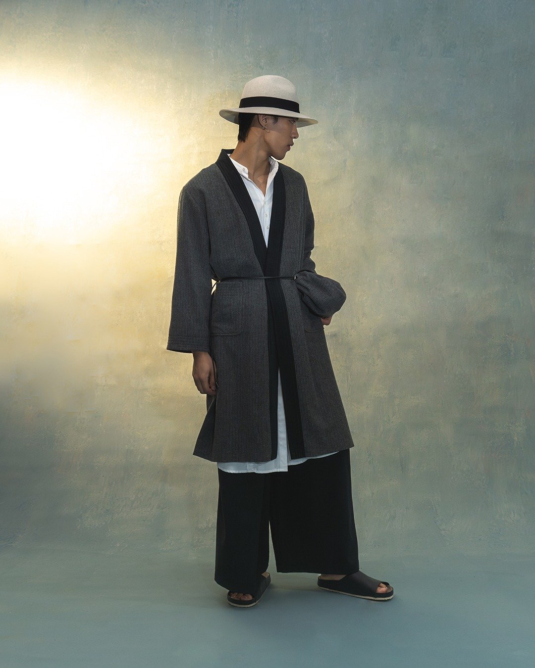 灰色直间和服领长袍 - 男装外套 - 羊毛 灰色