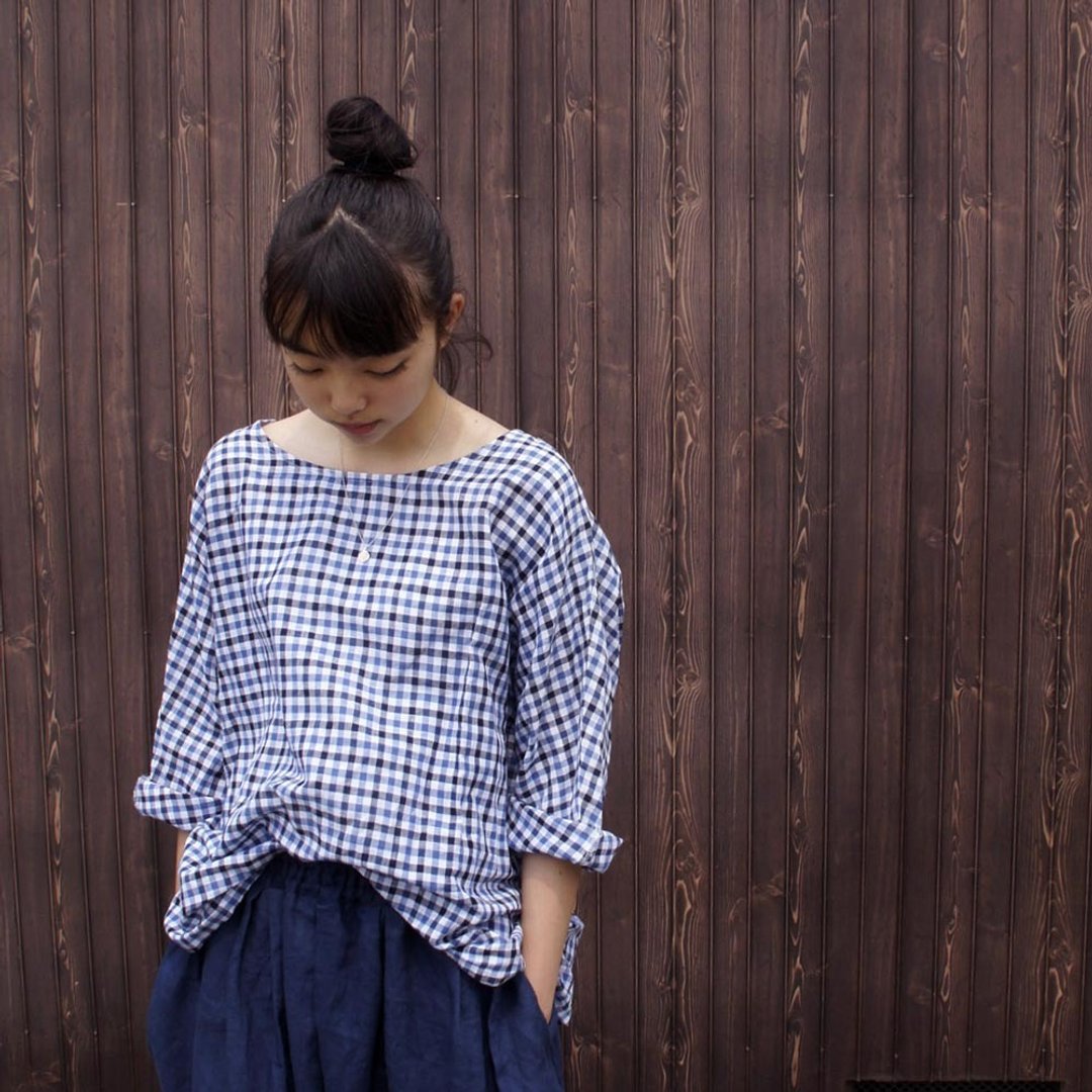 Cotton linen check 3/4 sleeve T line pullover / gnm-15 - 女装衬衫 - 棉 蓝色