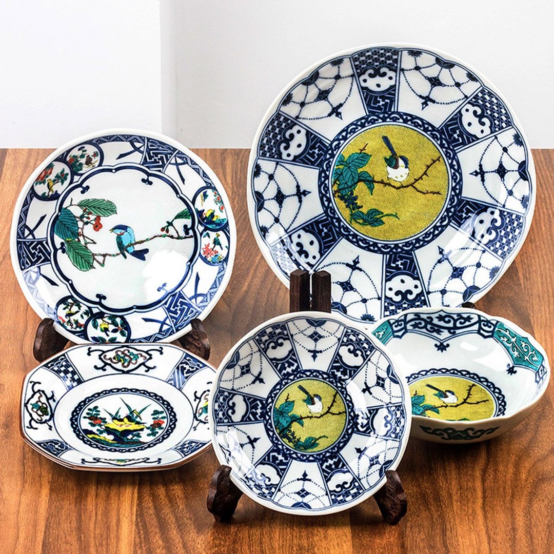日本进口九谷烧青郊窑彩绘花鸟陶瓷餐具菜盘平盘甜品水果点心盘 - 盘子/餐盘/盘架 - 瓷 