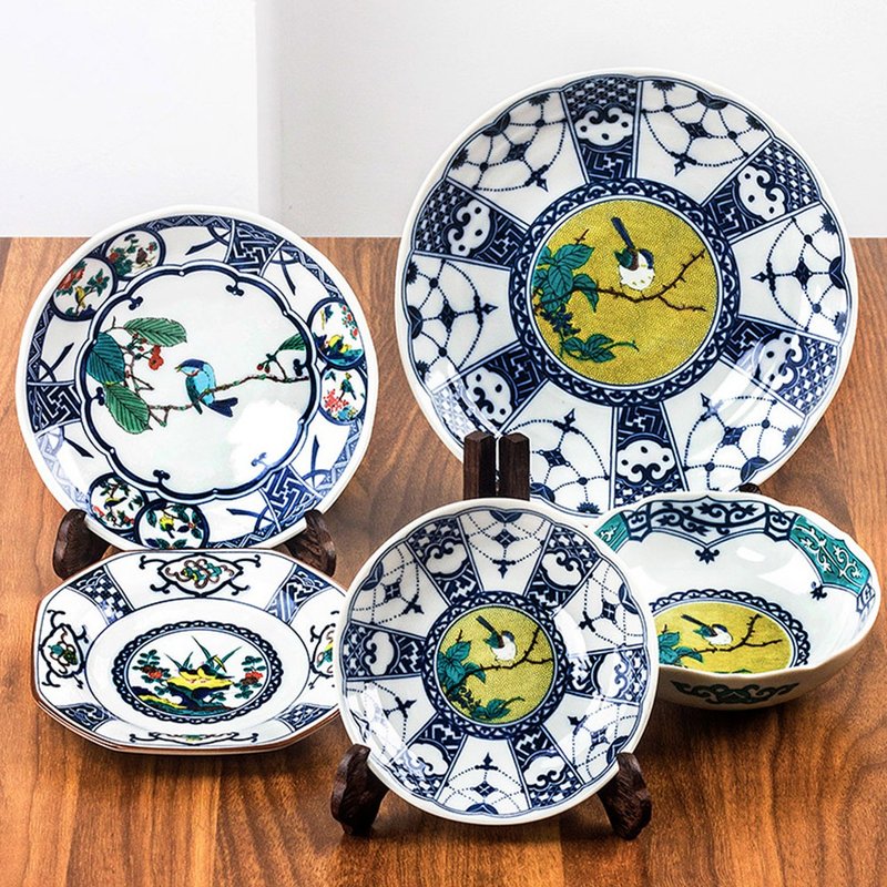 日本进口九谷烧青郊窑彩绘花鸟陶瓷餐具菜盘平盘甜品水果点心盘 - 盘子/餐盘/盘架 - 瓷 