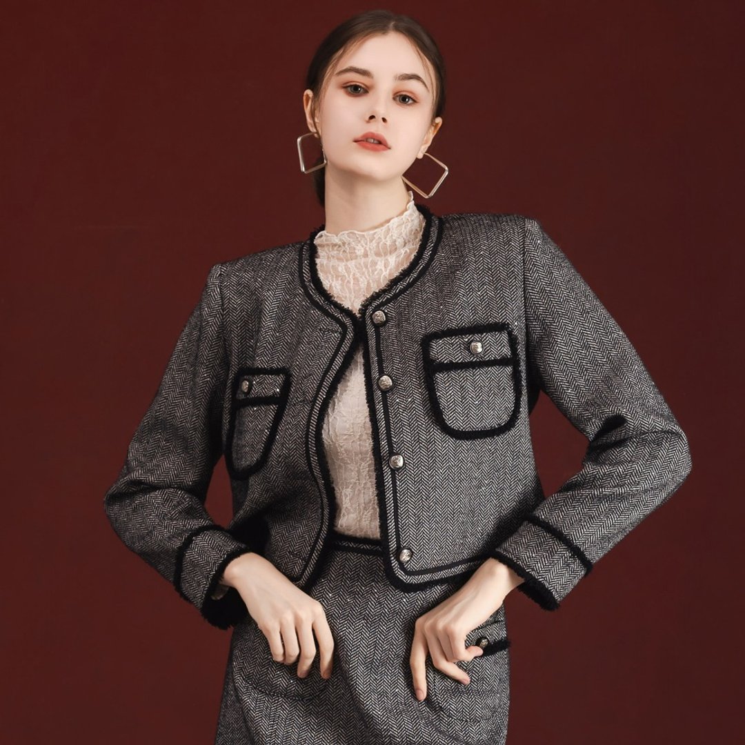 【MEDUSA】质感斜纹羊毛小香风外套(M-XL) | 女外套 西装外套 - 女装西装外套/风衣 - 羊毛 灰色