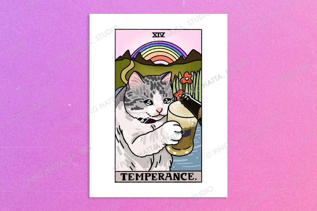 Temperance Funny Tarot Beer Cat Meme Art Poster - 海报/装饰画/版画 - 纸 