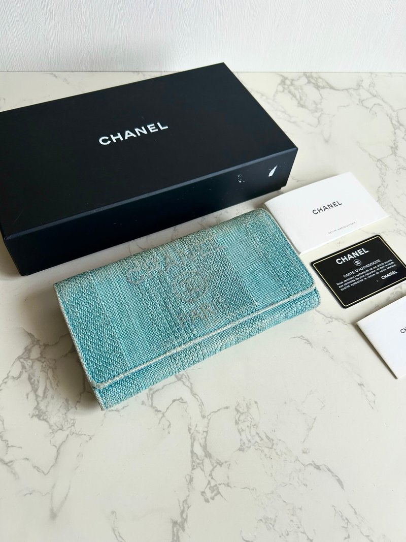 稀有中古Chanel Tweed浅牛仔蓝皮夹 钱包 长夹 二手包 古董手提包 - 皮夹/钱包 - 真皮 蓝色