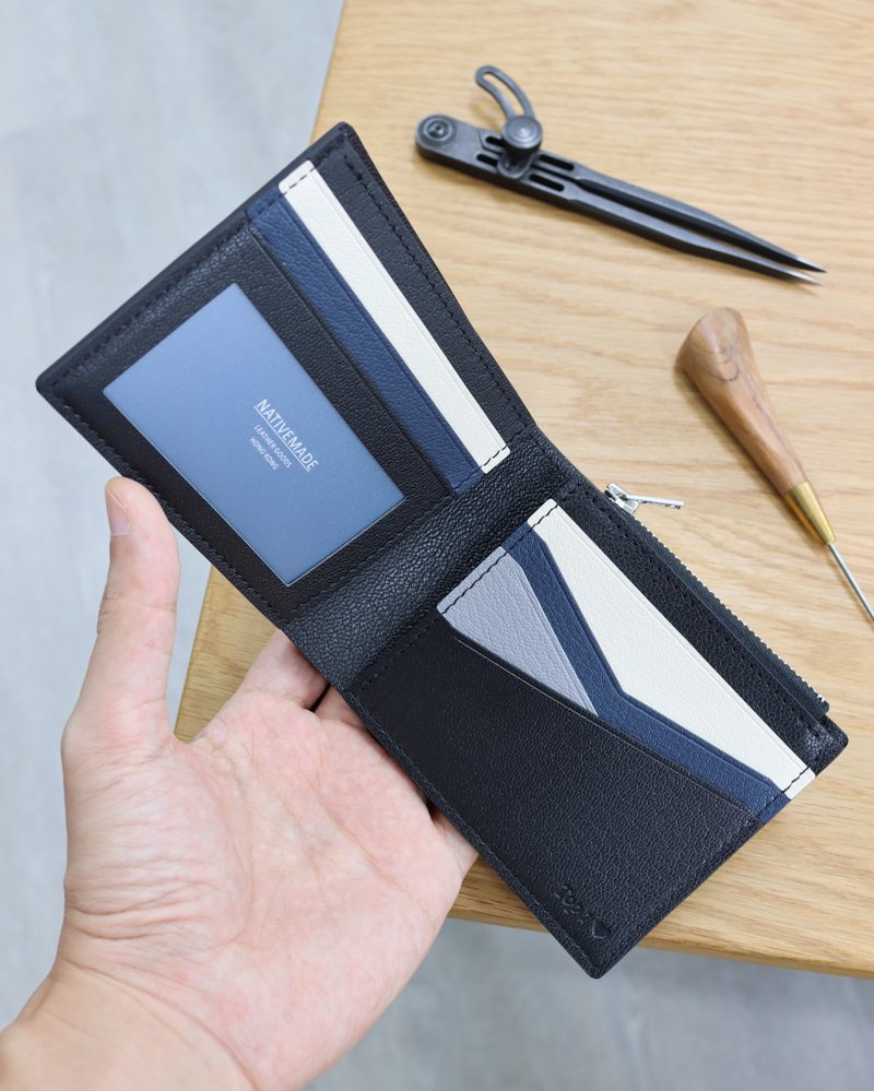 订制 法国山羊皮短银包 9 卡 1 相 1 暗格 1 纸币 1 拉链散银 短夹 钱包 - 皮夹/钱包 - 真皮 黑色