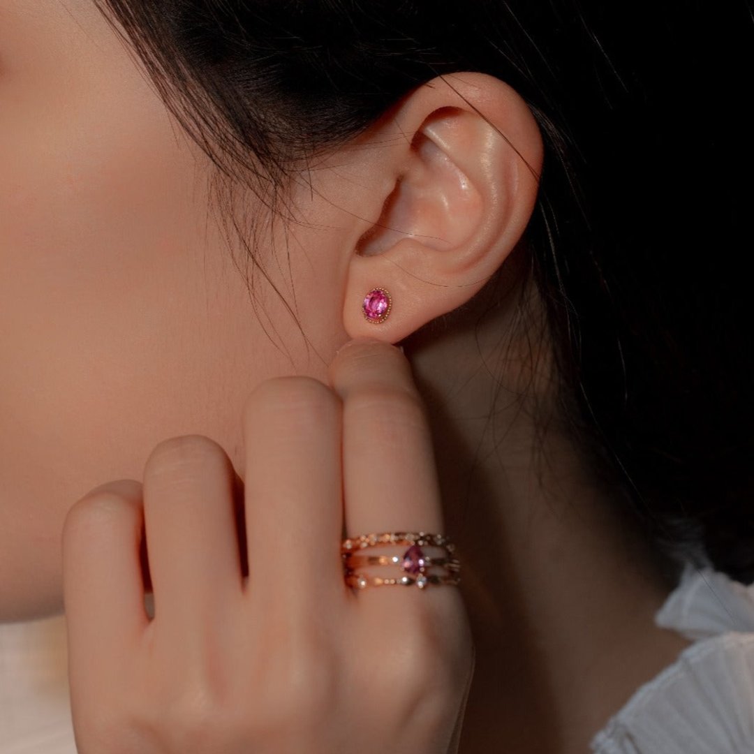 18K金粉红蓝宝石耳环 Pink Sapphire Gem Candy Earrings - 耳环/耳夹 - 贵金属 