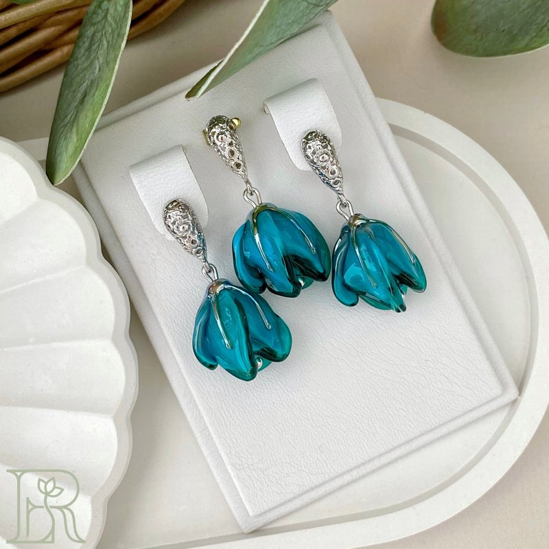Handmade Flower Jewelry Set with Glass Pendant  for Mother's Day - 耳环/耳夹 - 纯银 蓝色