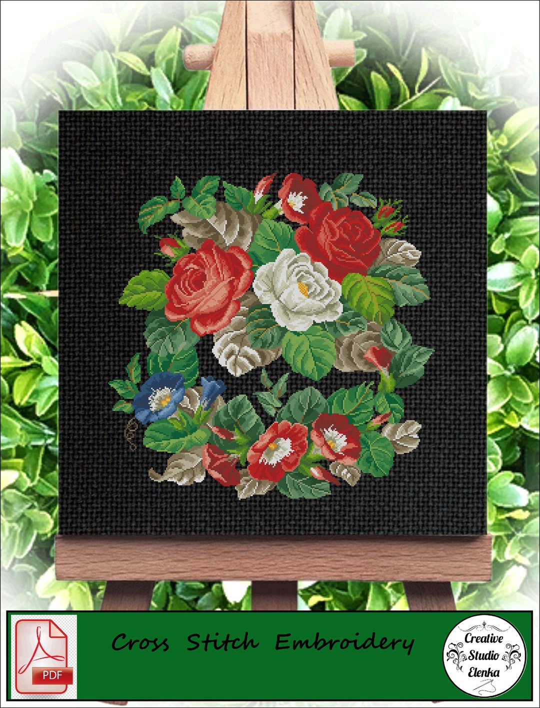 Vintage Cross Stitch Scheme Roses and Convolvulus - PDF Embroidery Scheme - 编织/刺绣/羊毛毡/裁缝 - 其他材质 