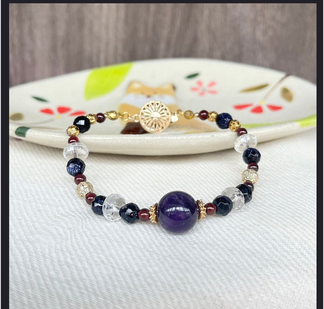 A Lu 天然深紫水晶+金砂黑曜石+白水晶+石榴石手链/搭镀金扣环 - 手链/手环 - 水晶 多色