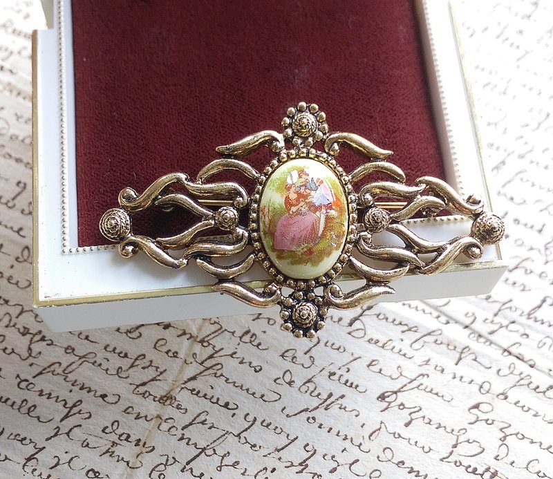 Vintage Jewelry 西洋古董饰品 法式浪漫情侣 篓空 别针 - 徽章/别针 - 其他金属 金色