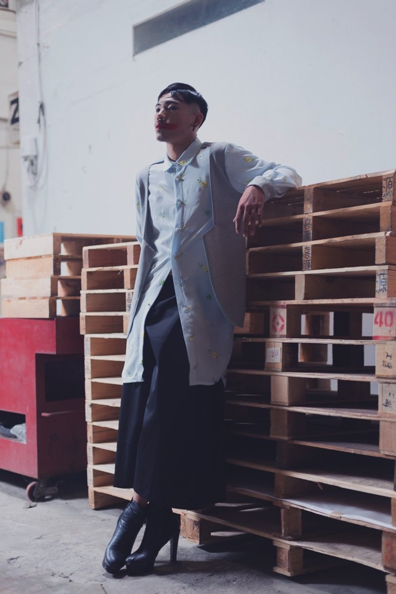 假两件水蓝绣花长版衬衫(162T05) - 男装衬衫 - 聚酯纤维 蓝色